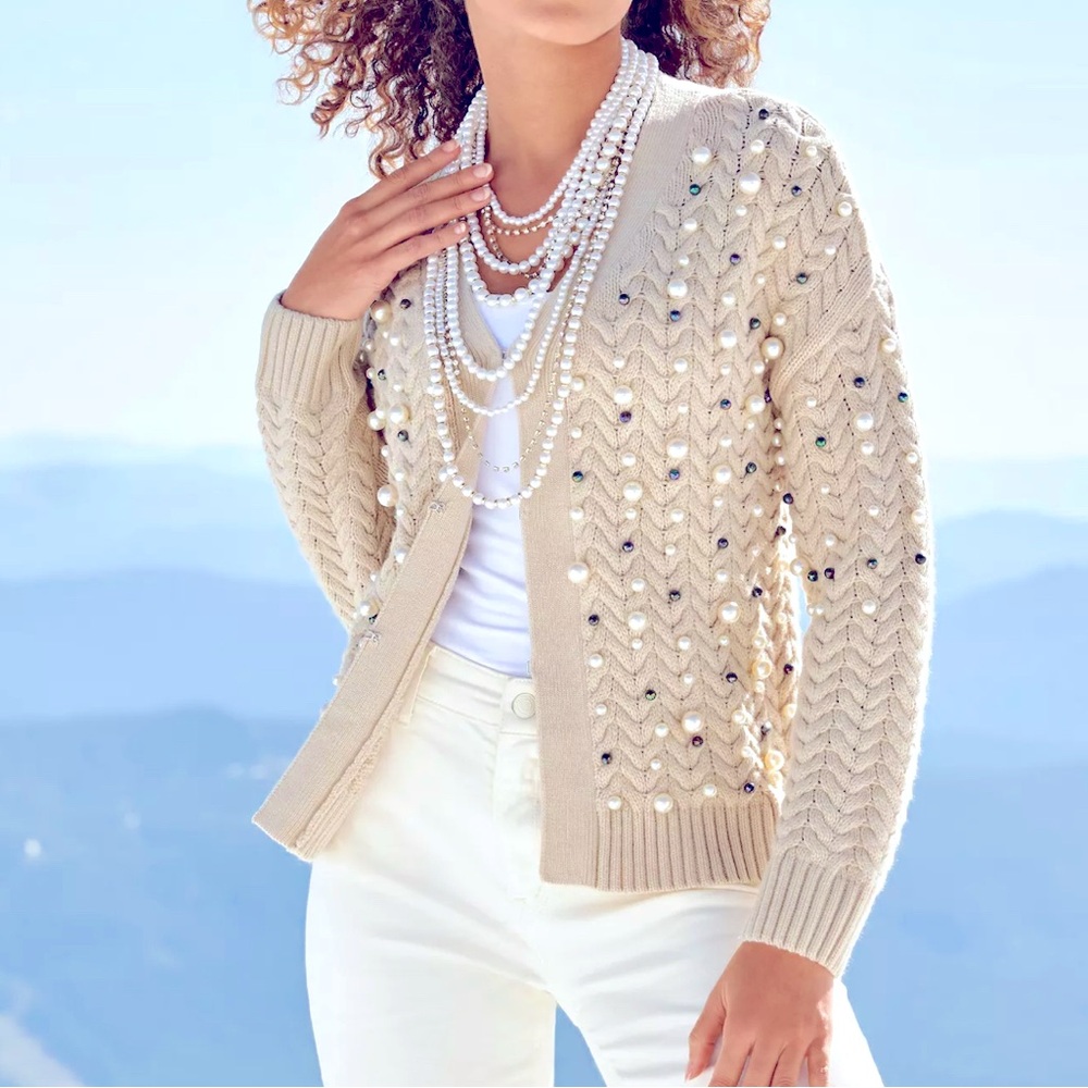 Boston Proper Cream Cardigan with Embellishments